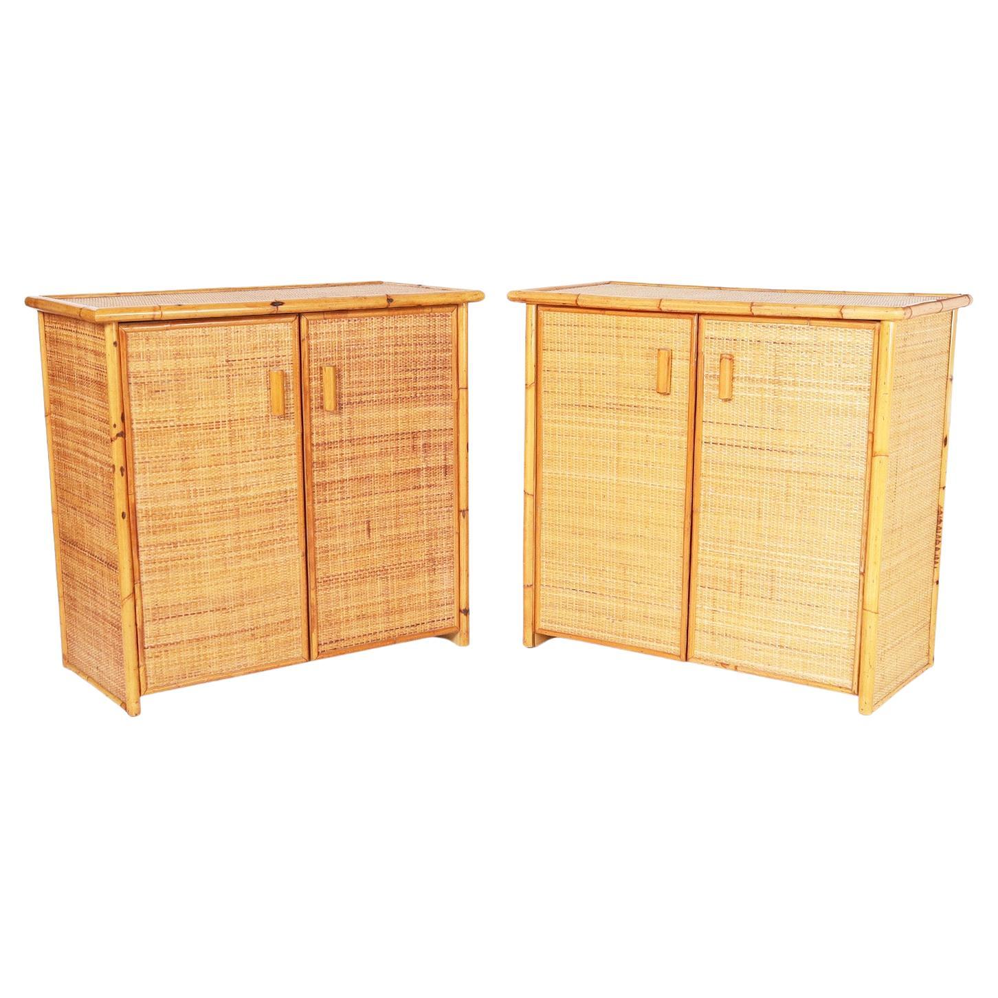 Pair of Mid-Century Bamboo and Grasscloth Cabinets or Servers For Sale