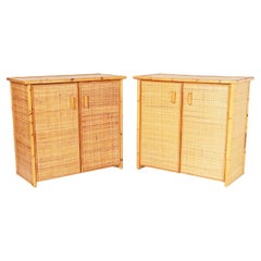 Pair of Mid-Century Bamboo and Grasscloth Cabinets or Servers