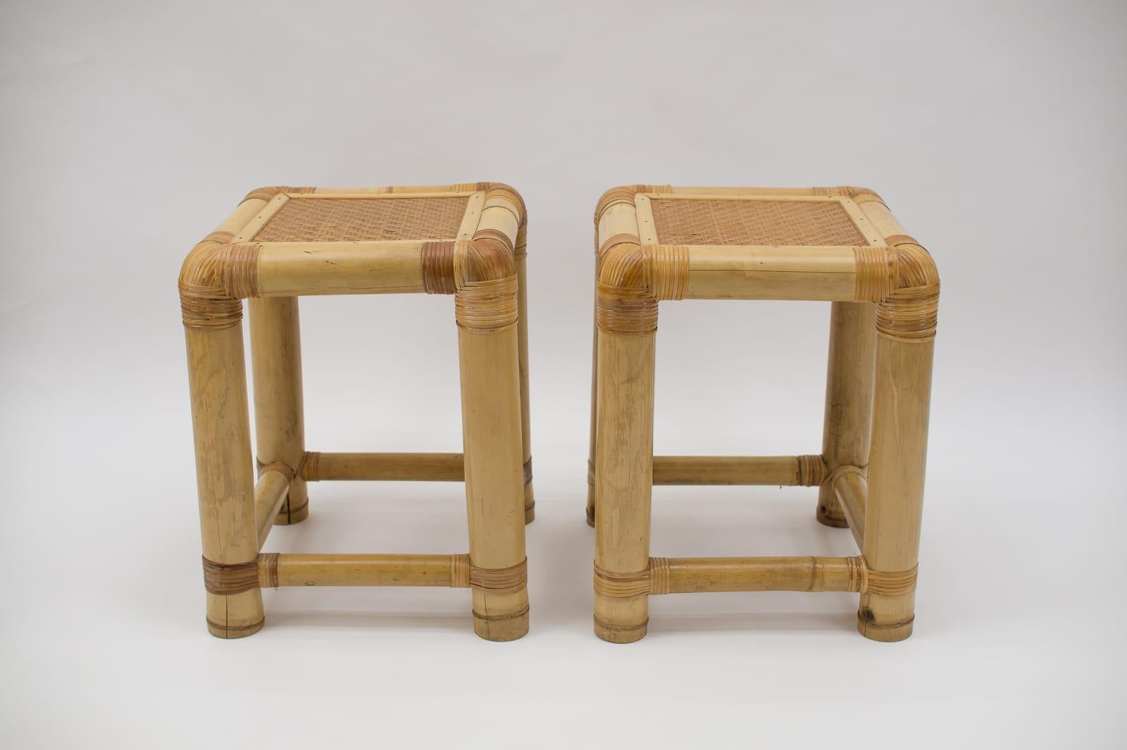 Very nice, understated yet very typical bamboo & rattan side tables. These are very sturdily built and are also excellent for sitting down, so also stools.