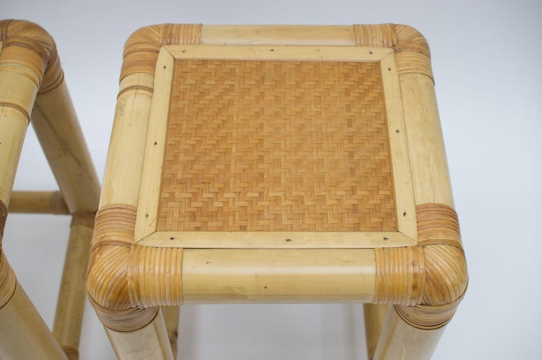 Italian Pair of Mid Century Bamboo and Rattan Side Table or Stool, 1960s