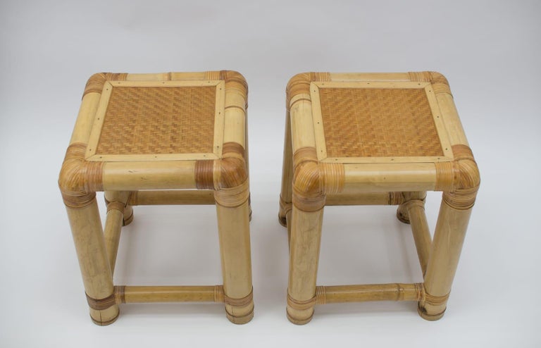 Mid-20th Century Pair of Mid Century Bamboo and Rattan Side Table or Stool, 1960s