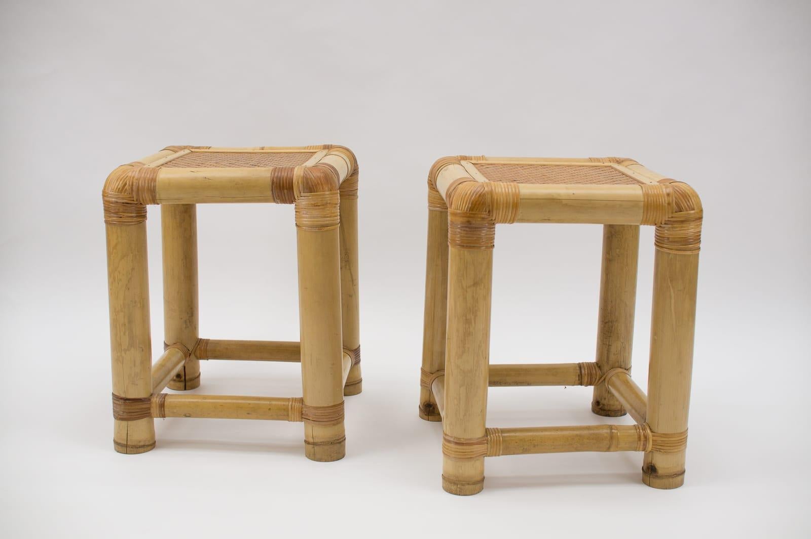Pair of Mid Century Bamboo and Rattan Side Table or Stool, 1960s 2