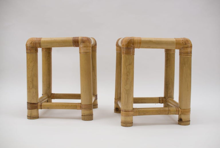 Pair of Mid Century Bamboo and Rattan Side Table or Stool, 1960s 3