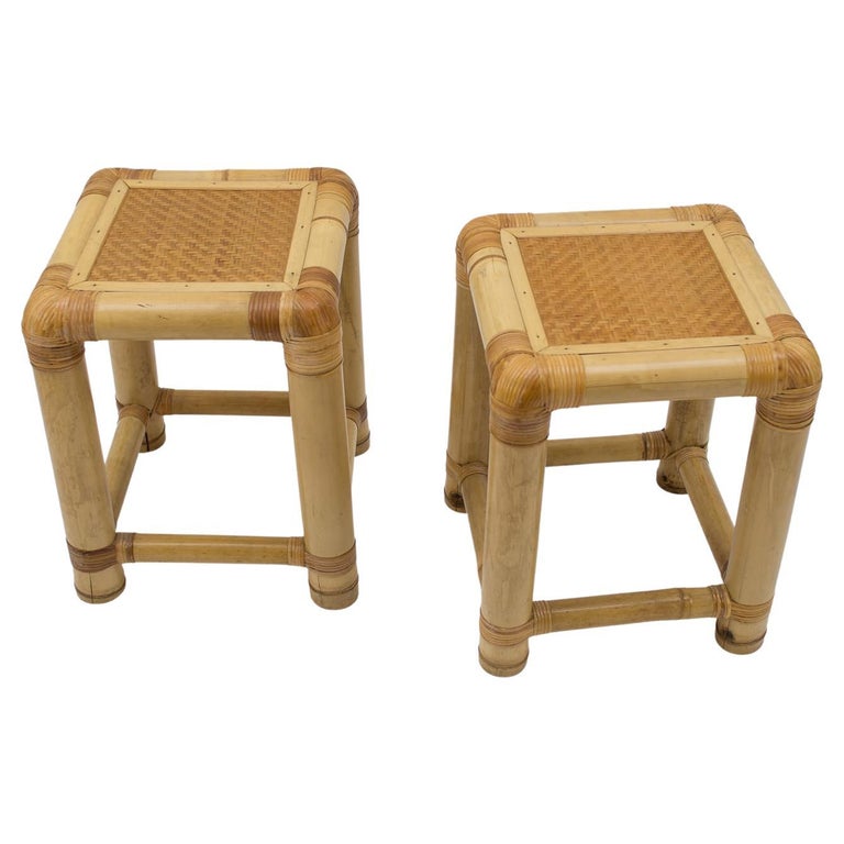 Pair of Mid Century Bamboo and Rattan Side Table or Stool, 1960s