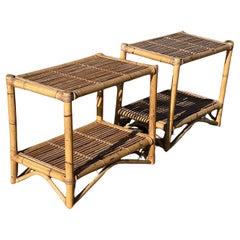 Pair of Mid Century Bamboo and Rattan Two-Tiered Side Tables or End Tables