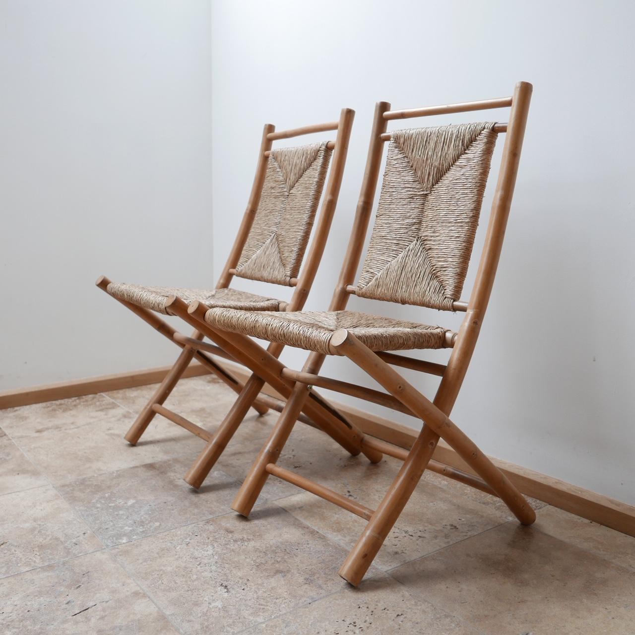 British Pair of Midcentury Bamboo and Rush Foldable Chairs