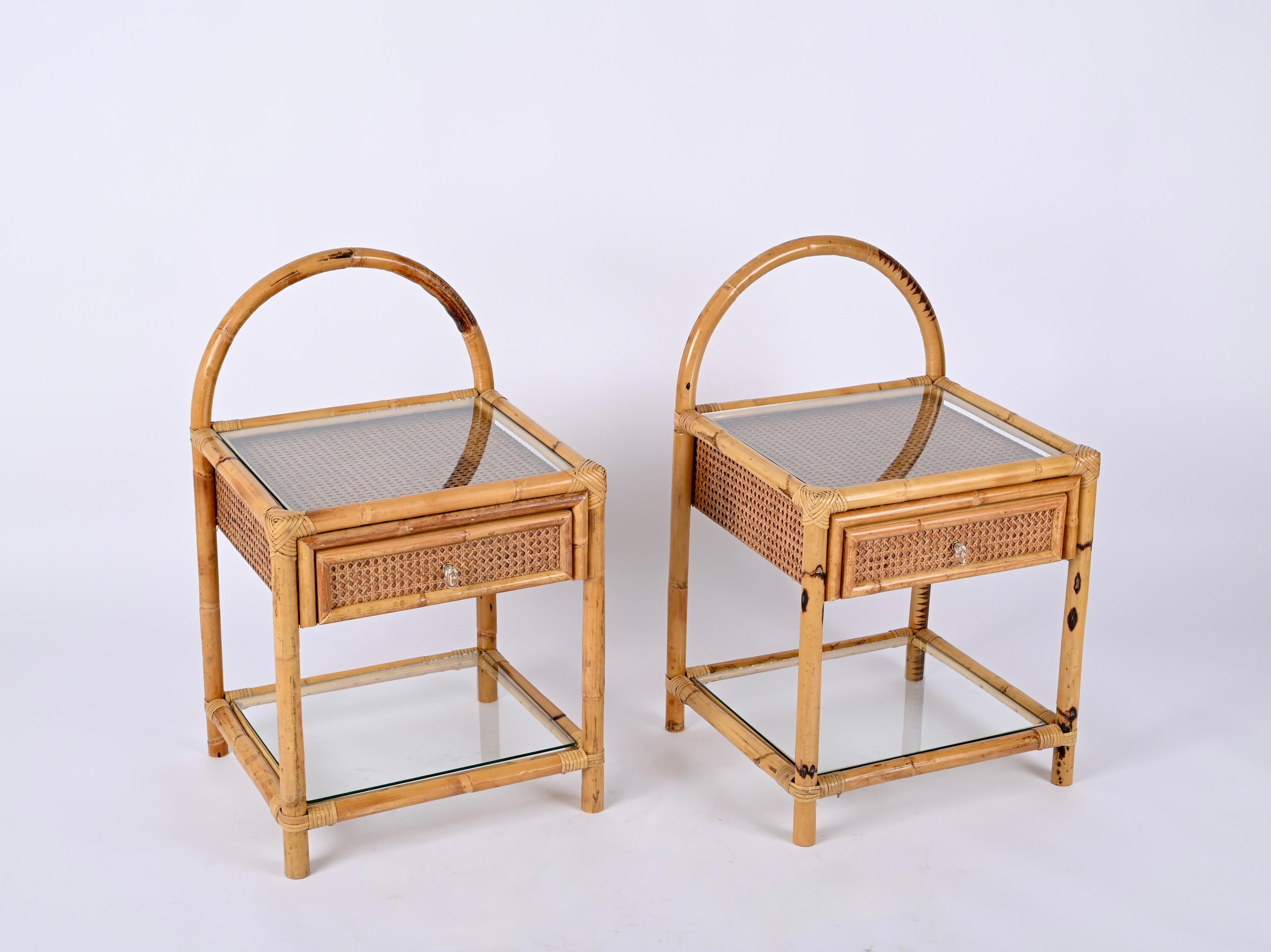 Pair of Mid-Century Bamboo, Rattan and Wicker Italian Bedside Tables, 1970s 5