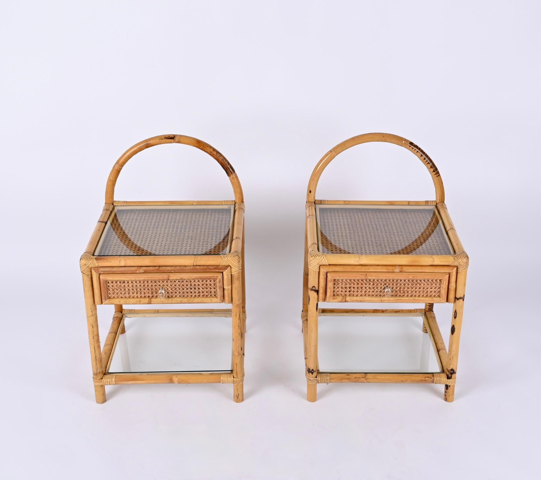 Pair of Mid-Century Bamboo, Rattan and Wicker Italian Bedside Tables, 1970s 8