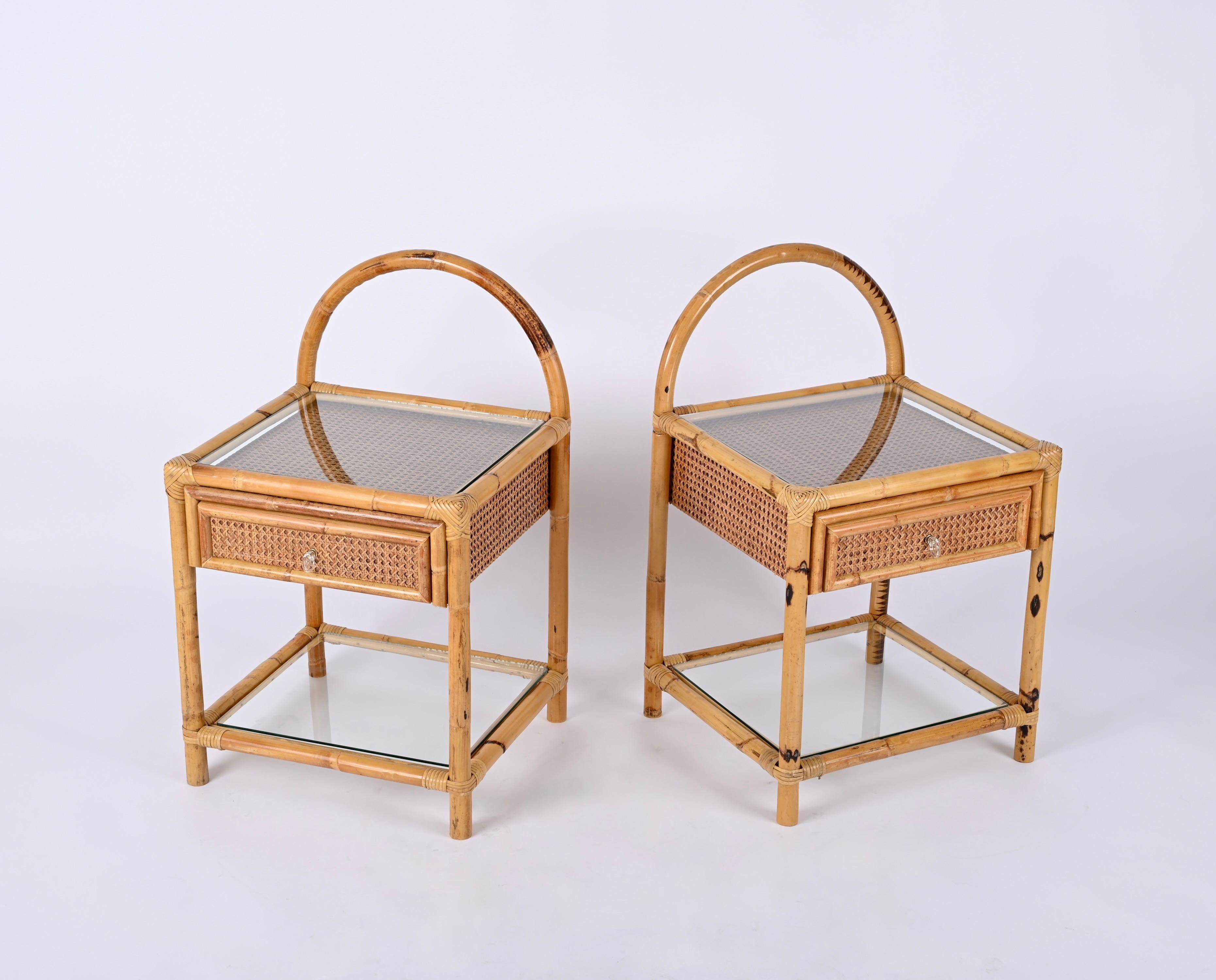 Pair of Mid-Century Bamboo, Rattan and Wicker Italian Bedside Tables, 1970s 9