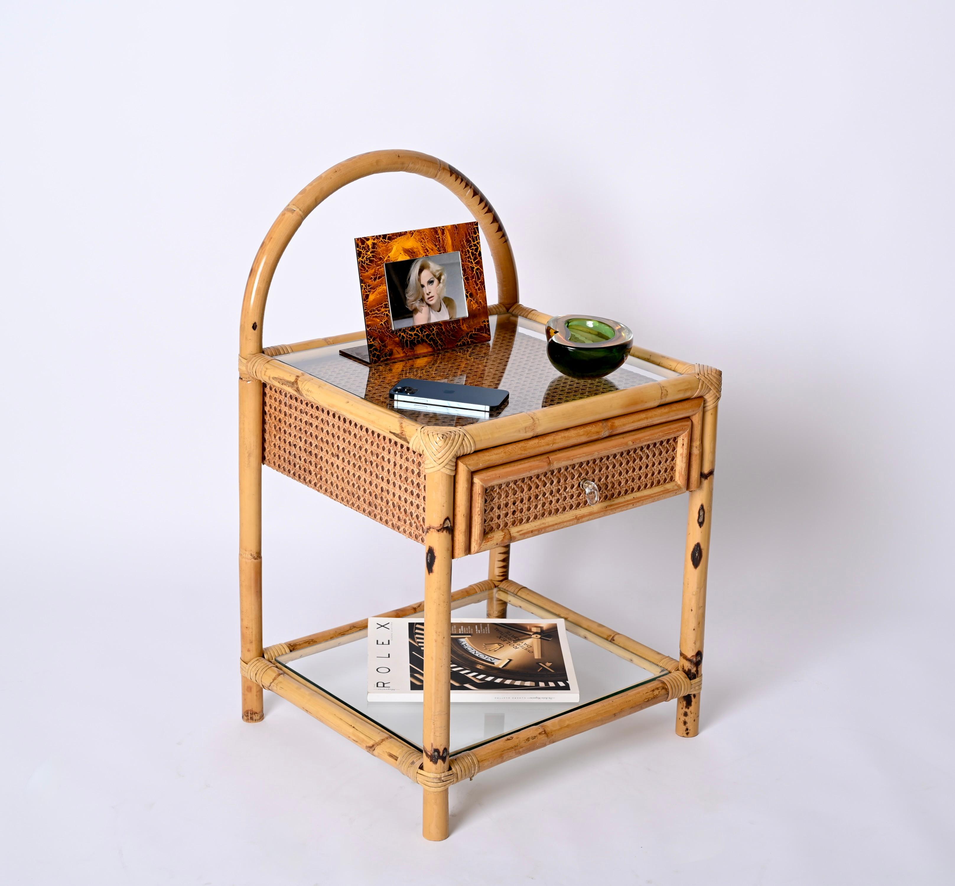 Mid-Century Modern Pair of Mid-Century Bamboo, Rattan and Wicker Italian Bedside Tables, 1970s