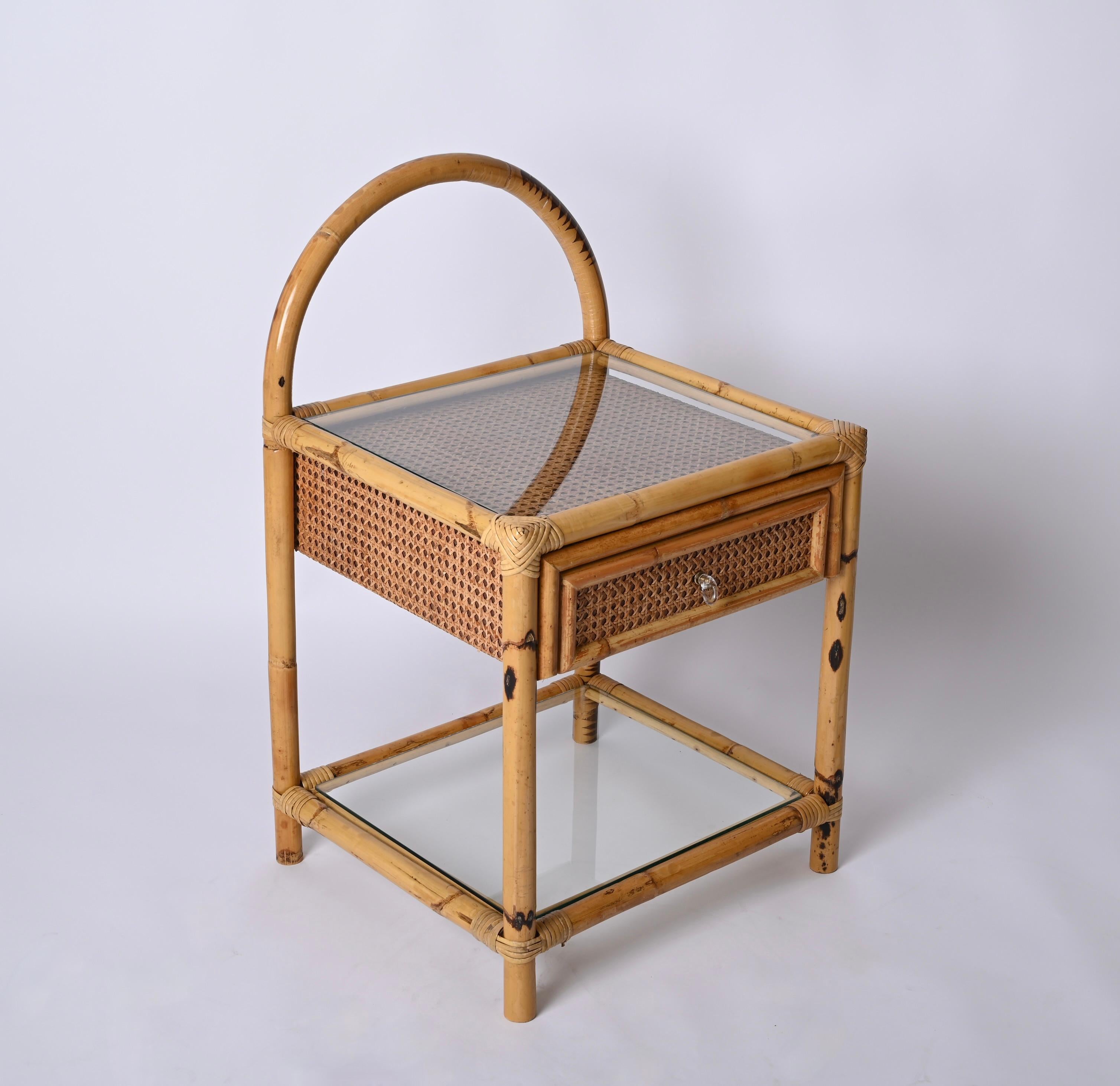 20th Century Pair of Mid-Century Bamboo, Rattan and Wicker Italian Bedside Tables, 1970s For Sale