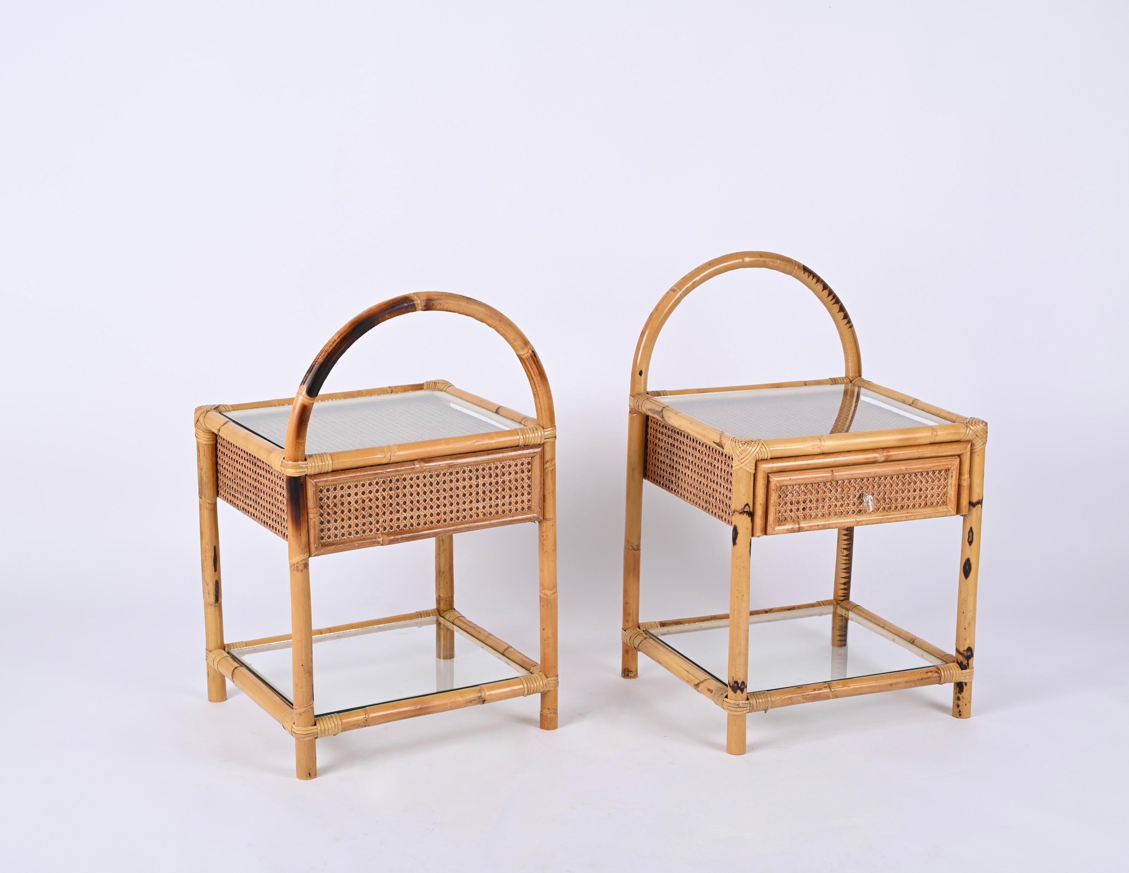 Pair of Mid-Century Bamboo, Rattan and Wicker Italian Bedside Tables, 1970s 2
