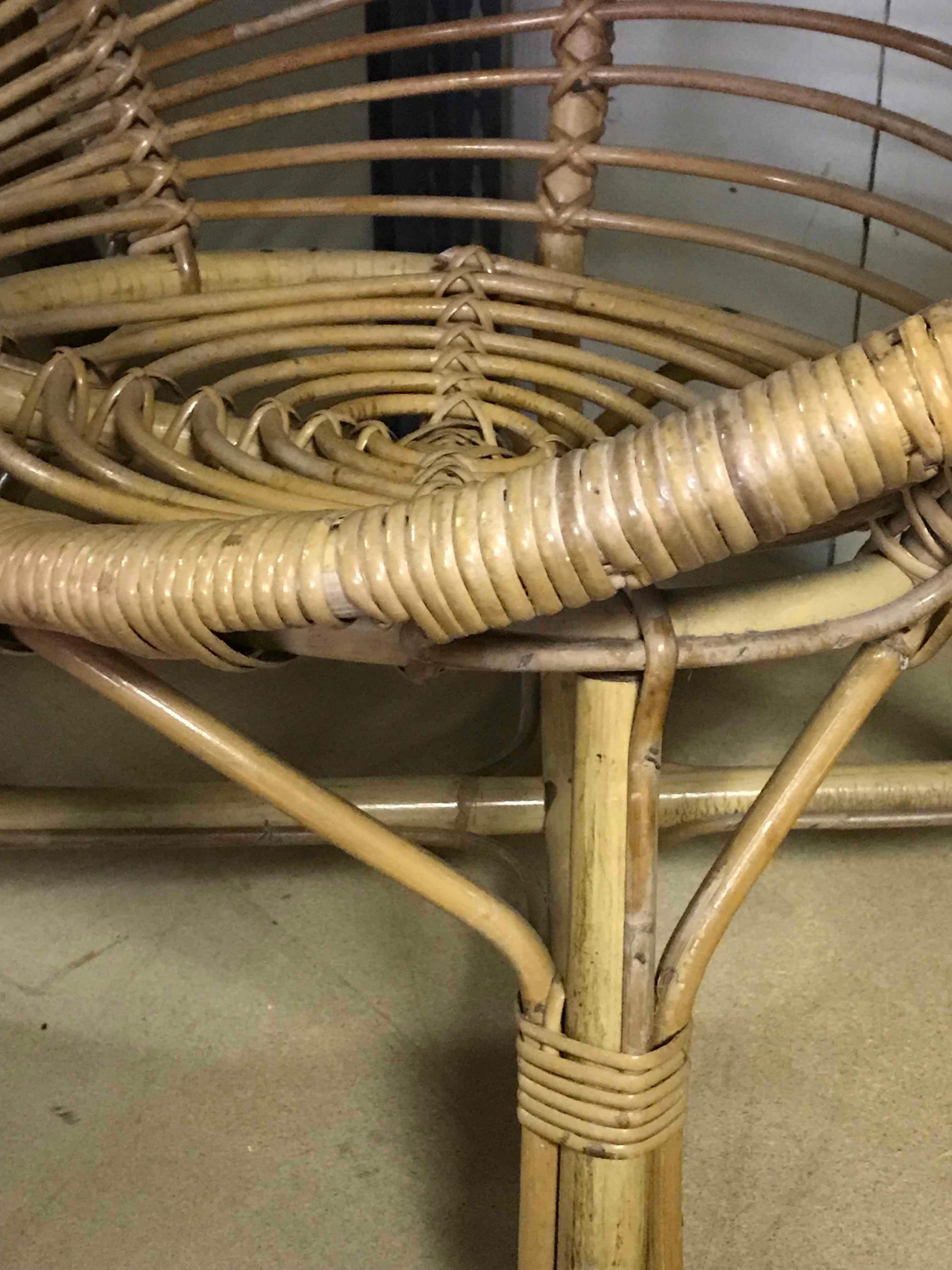 Pair of mid-century bamboo rattan chairs from France. 