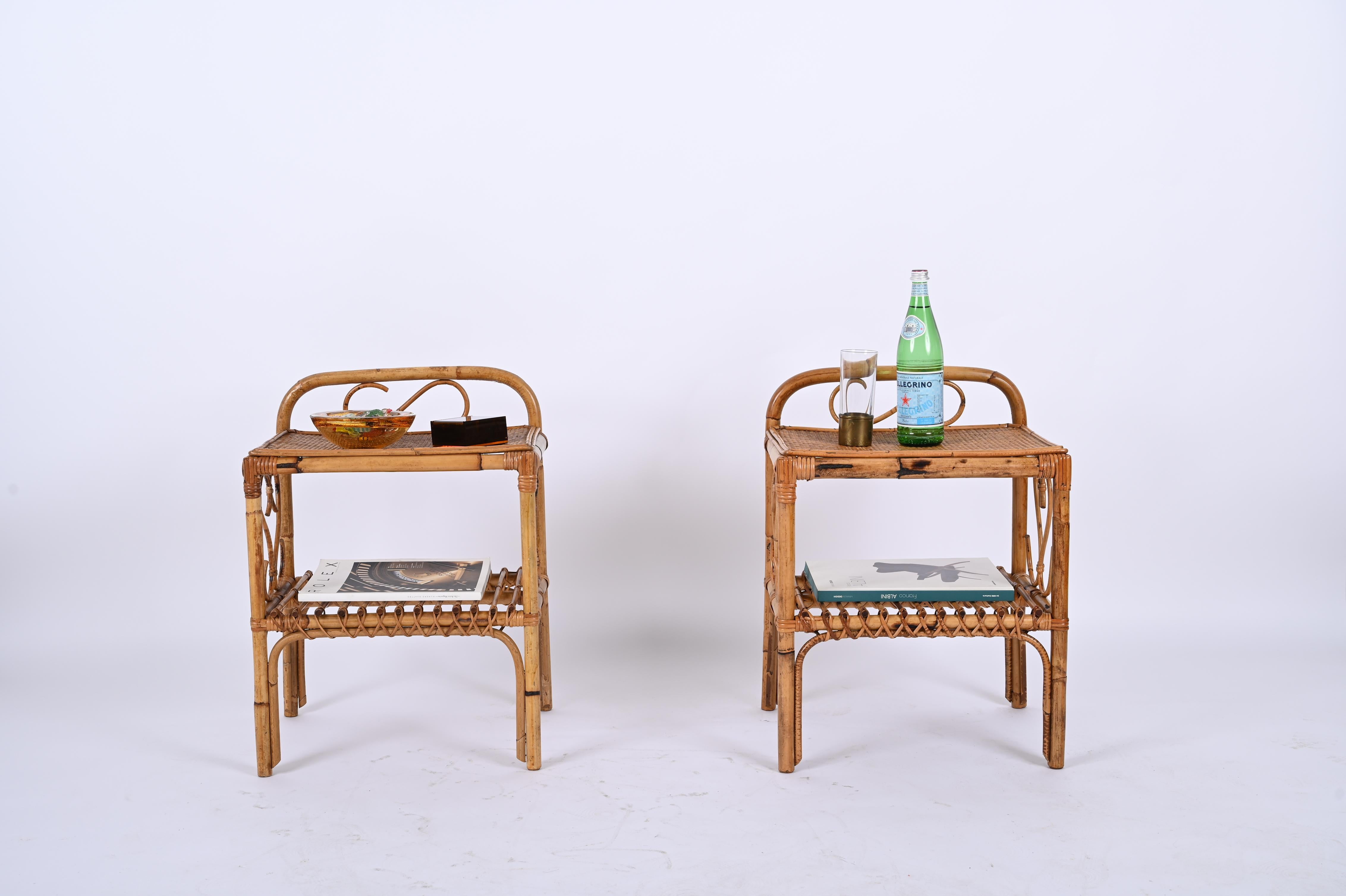 Pair of Mid-Century Bamboo Rattan Italian Bedside Tables, Franco Albini 1960s 6