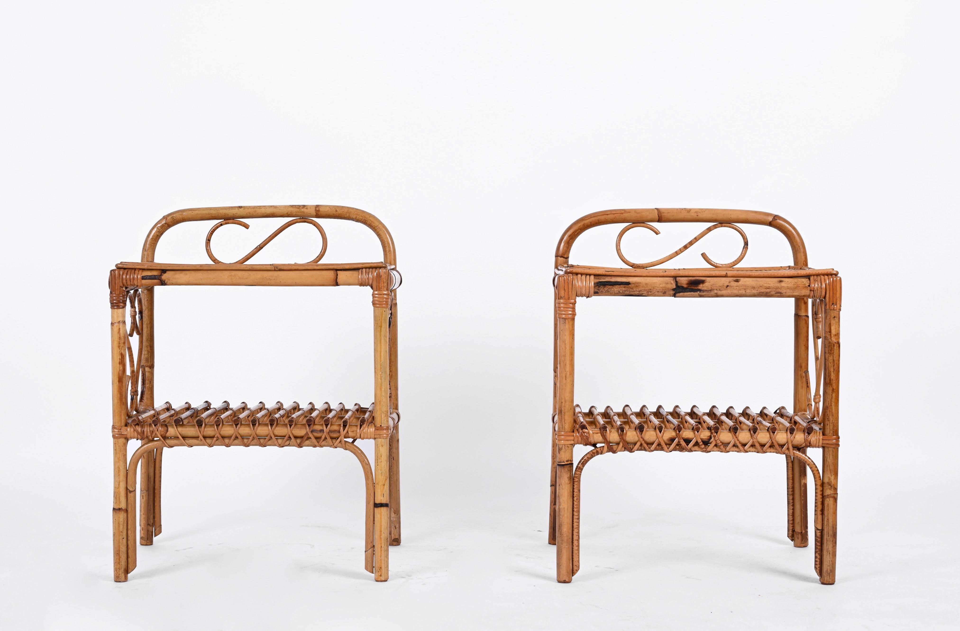 Mid-Century Modern Pair of Mid-Century Bamboo Rattan Italian Bedside Tables, Franco Albini 1960s