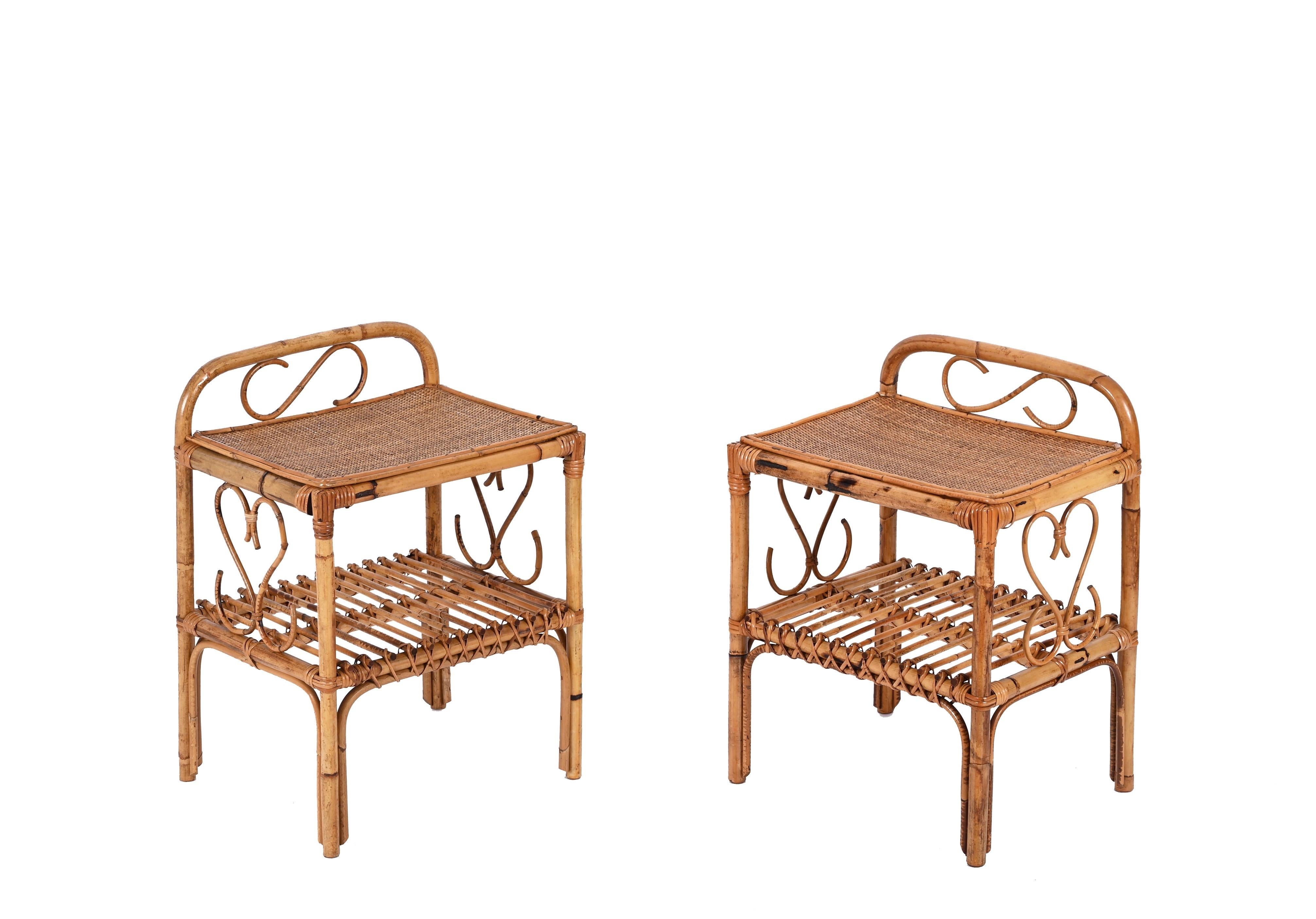 Hand-Woven Pair of Mid-Century Bamboo Rattan Italian Bedside Tables, Franco Albini 1960s