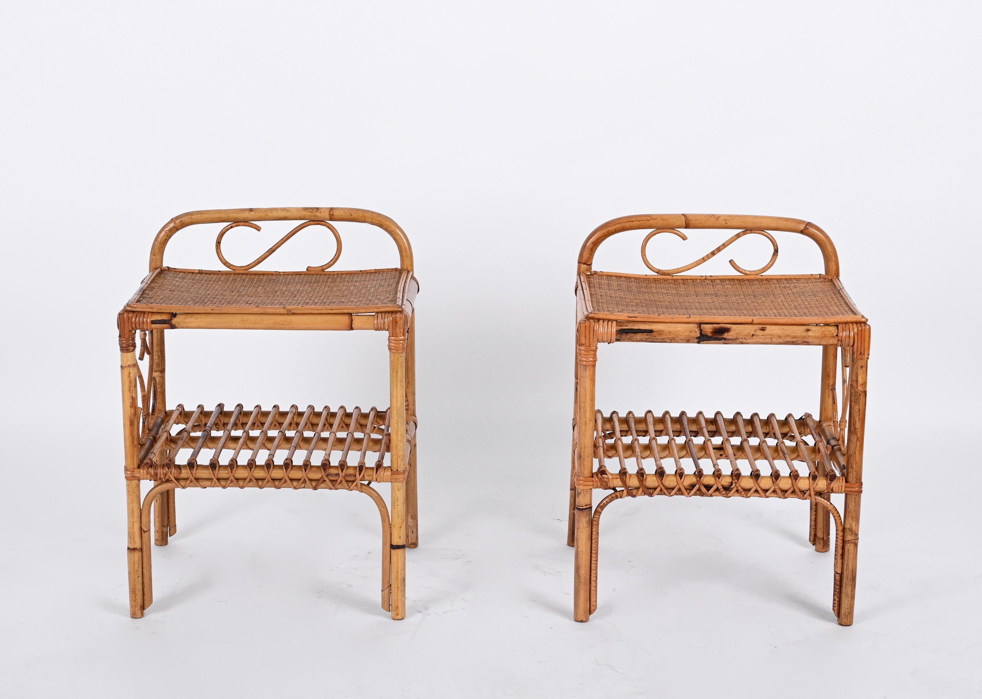 Pair of Mid-Century Bamboo Rattan Italian Bedside Tables, Franco Albini 1960s 3