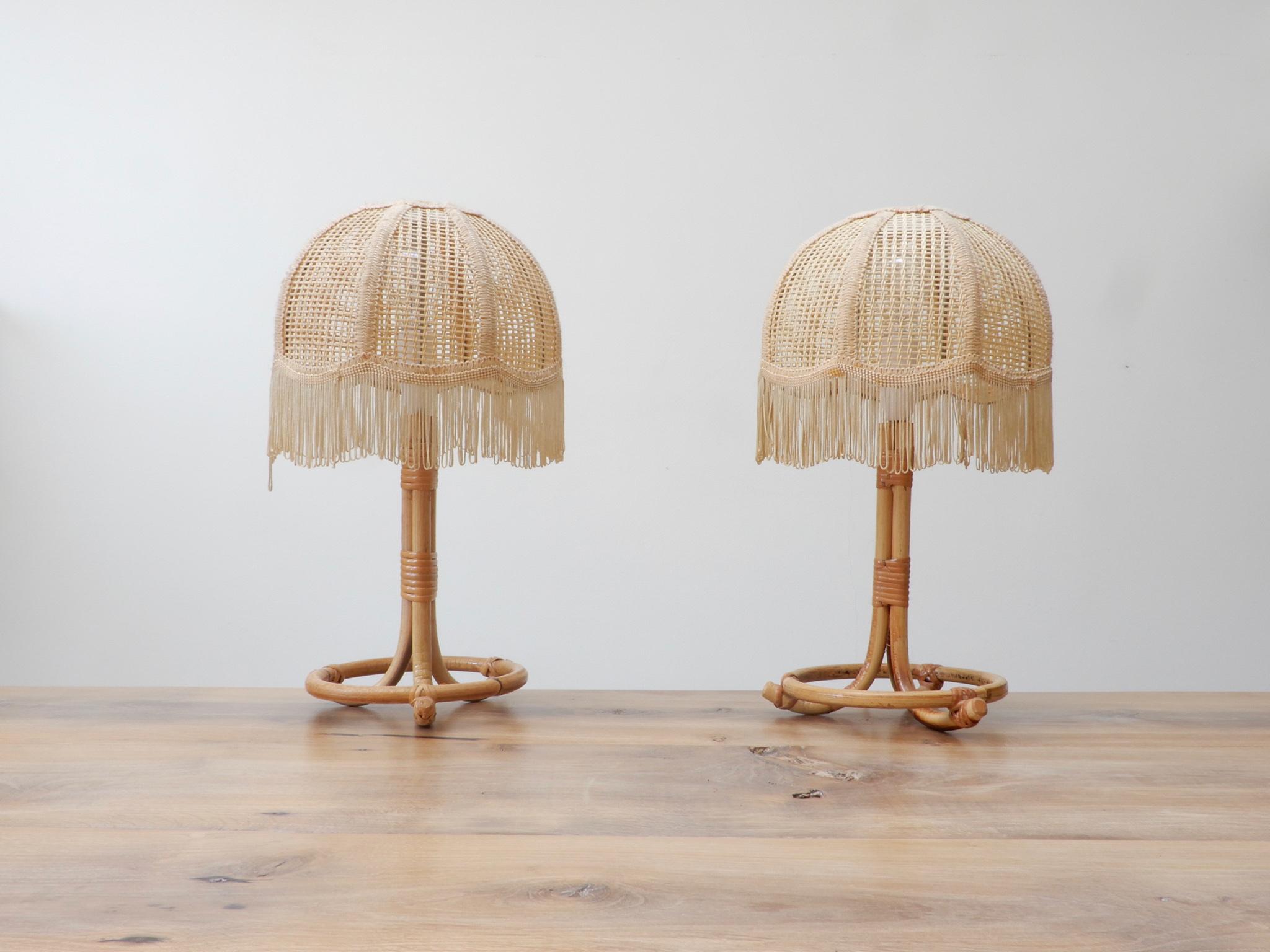 Pair of midcentury bamboo table lamp with fringe shade.