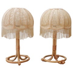Pair of Midcentury Bamboo Table Lamp with Fringe Shade
