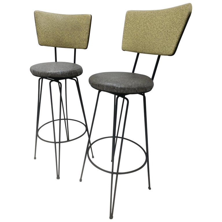 Set of 3 Mid Century Modern Bar Counter Stools with Hairpin Iron Legs