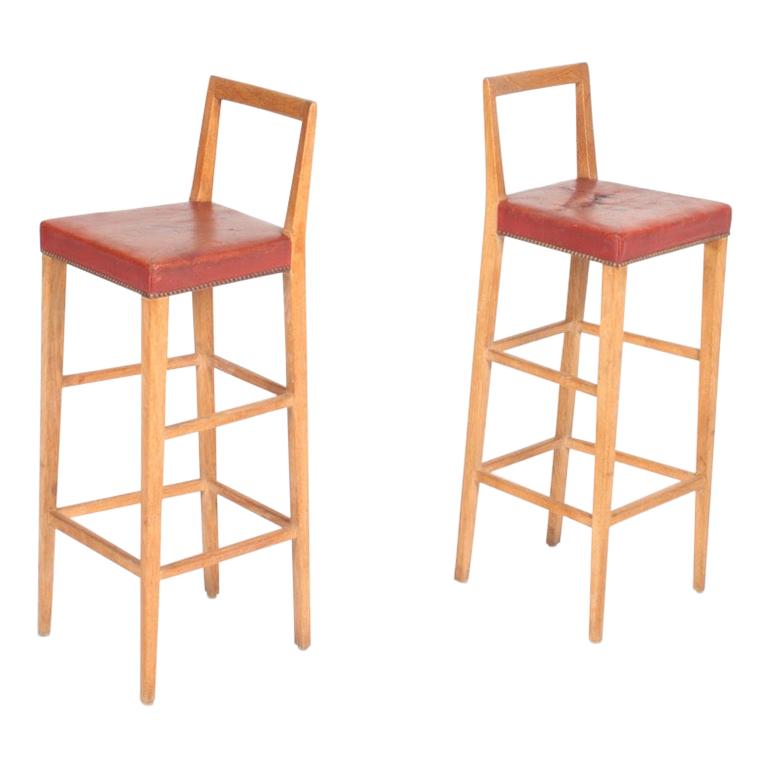 Pair of Midcentury Bar Stools in Oak Made by Danish Cabinetmaker, 1950s For Sale