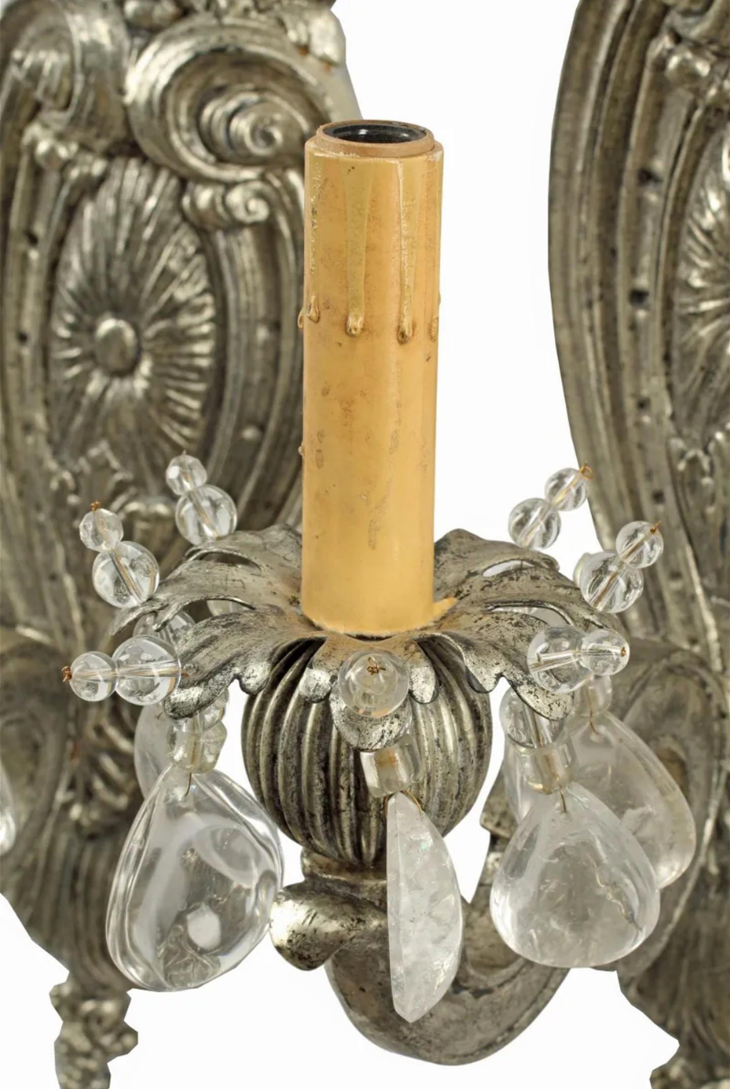 Pair of Mid-century Baroque Style Silvered Bronze Rock Crystal Wall Sconce In Good Condition For Sale In Forney, TX