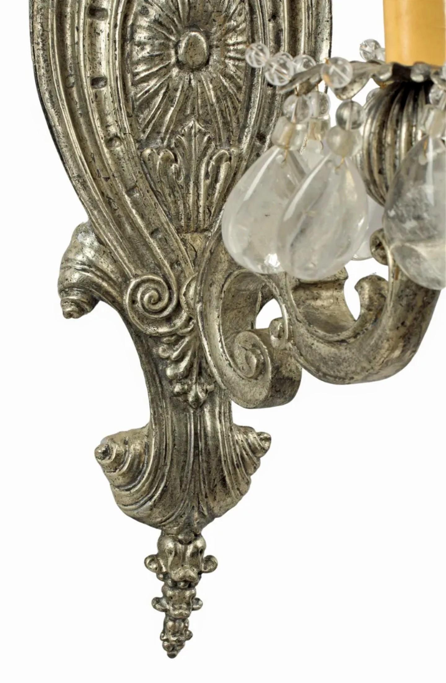 20th Century Pair of Mid-century Baroque Style Silvered Bronze Rock Crystal Wall Sconce For Sale