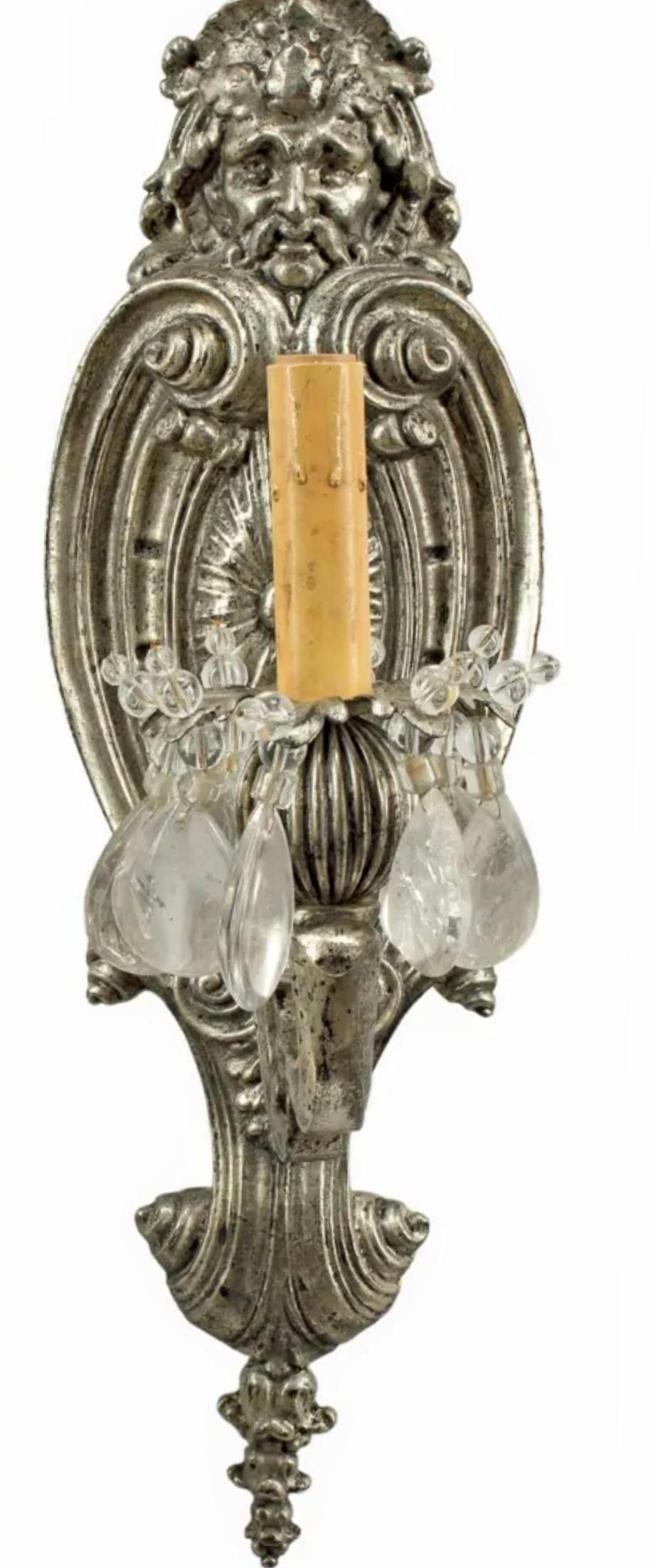 Pair of Mid-century Baroque Style Silvered Bronze Rock Crystal Wall Sconce For Sale 1