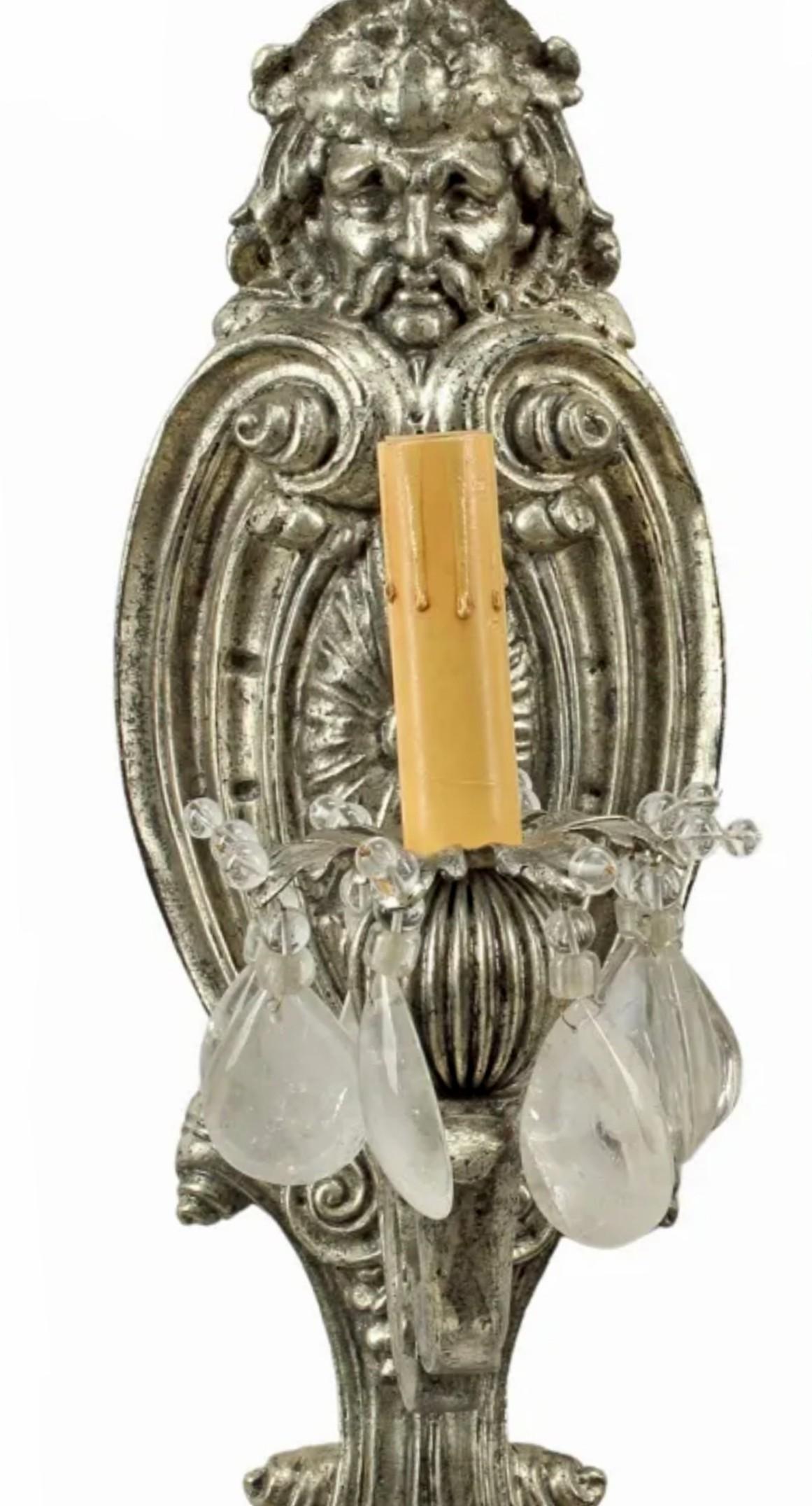 Pair of Mid-century Baroque Style Silvered Bronze Rock Crystal Wall Sconce For Sale 2