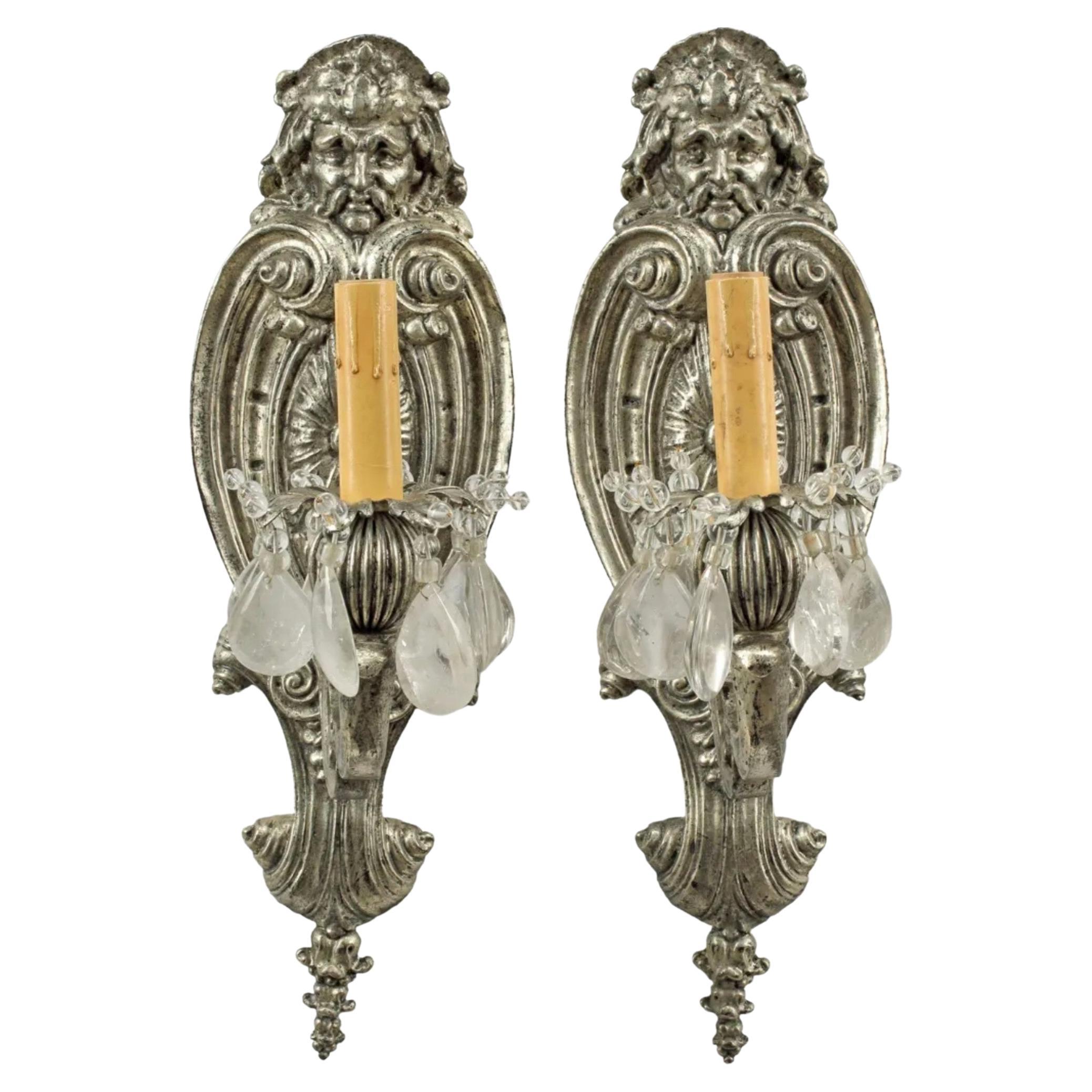 Pair of Mid-century Baroque Style Silvered Bronze Rock Crystal Wall Sconce For Sale