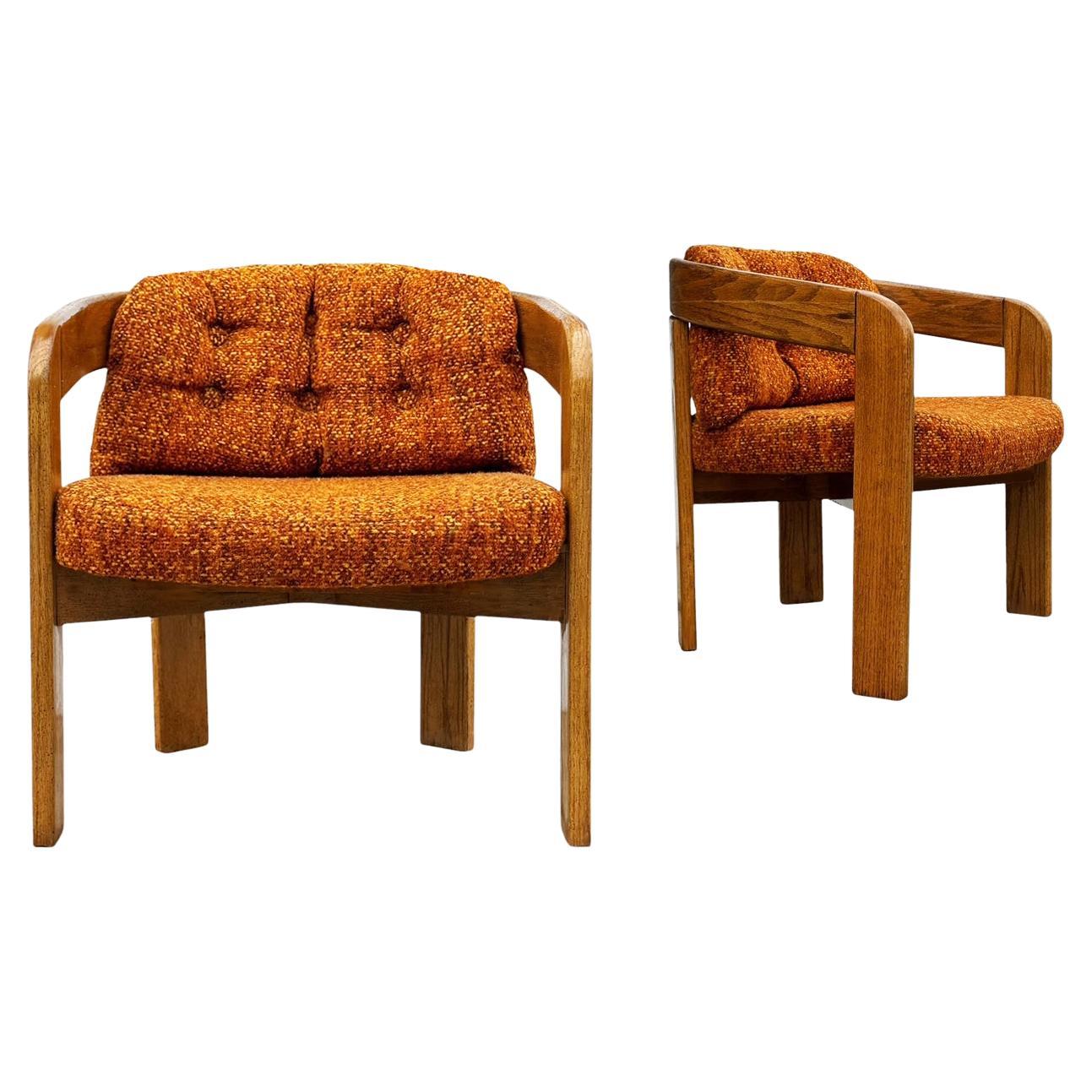 Pair of Mid-Century Barrel Back Lounge Chairs in Oak after Lou Hodges