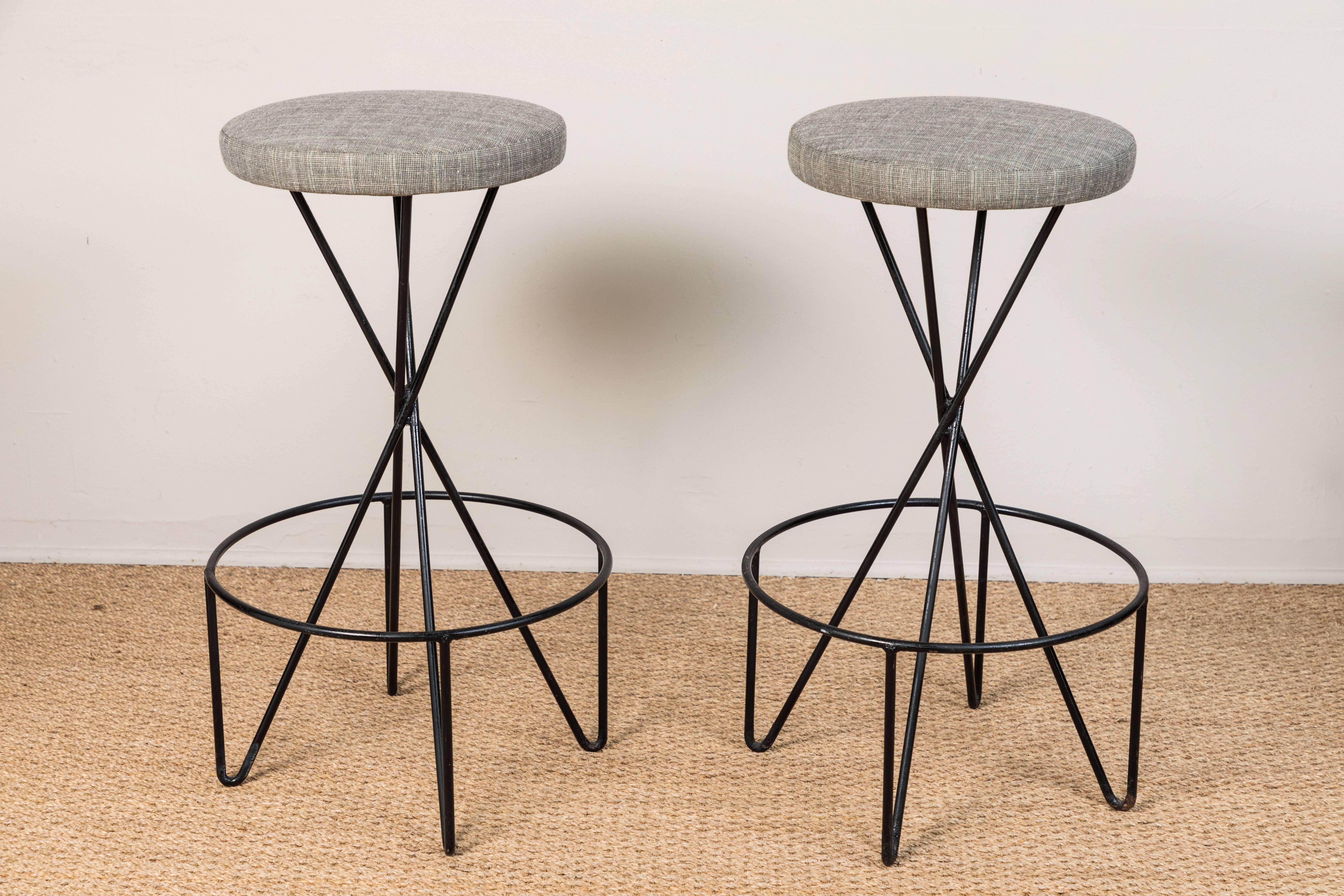 Wrought iron stools with reupholstered seats - wool suiting fabric.   