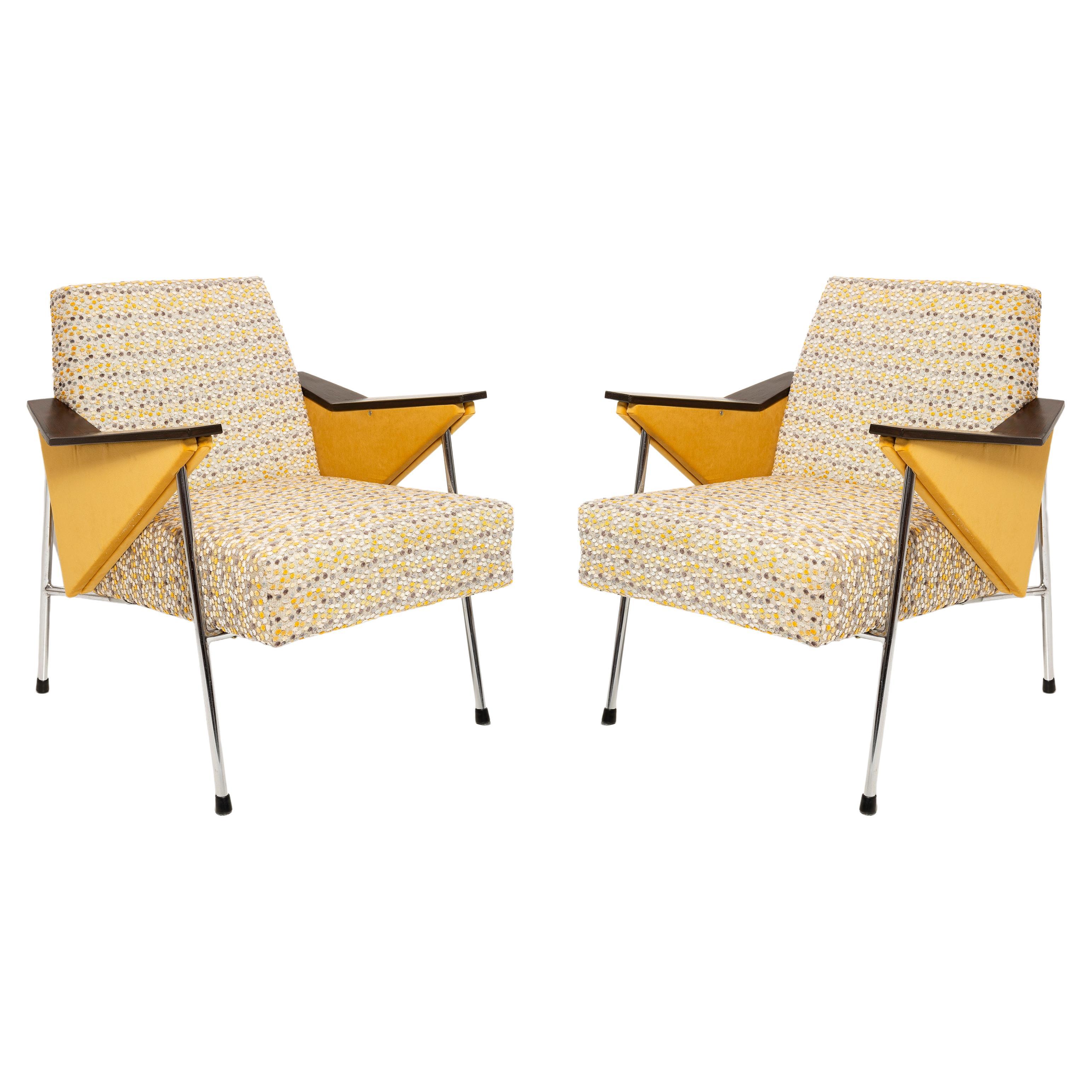 Pair of Mid Century Bat Armchairs, Yellow Dots, Bauhaus Style, Poland, 1970s. For Sale