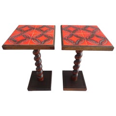 Pair of Midcentury Bedside Side End Tables with Tiles, Vallauris