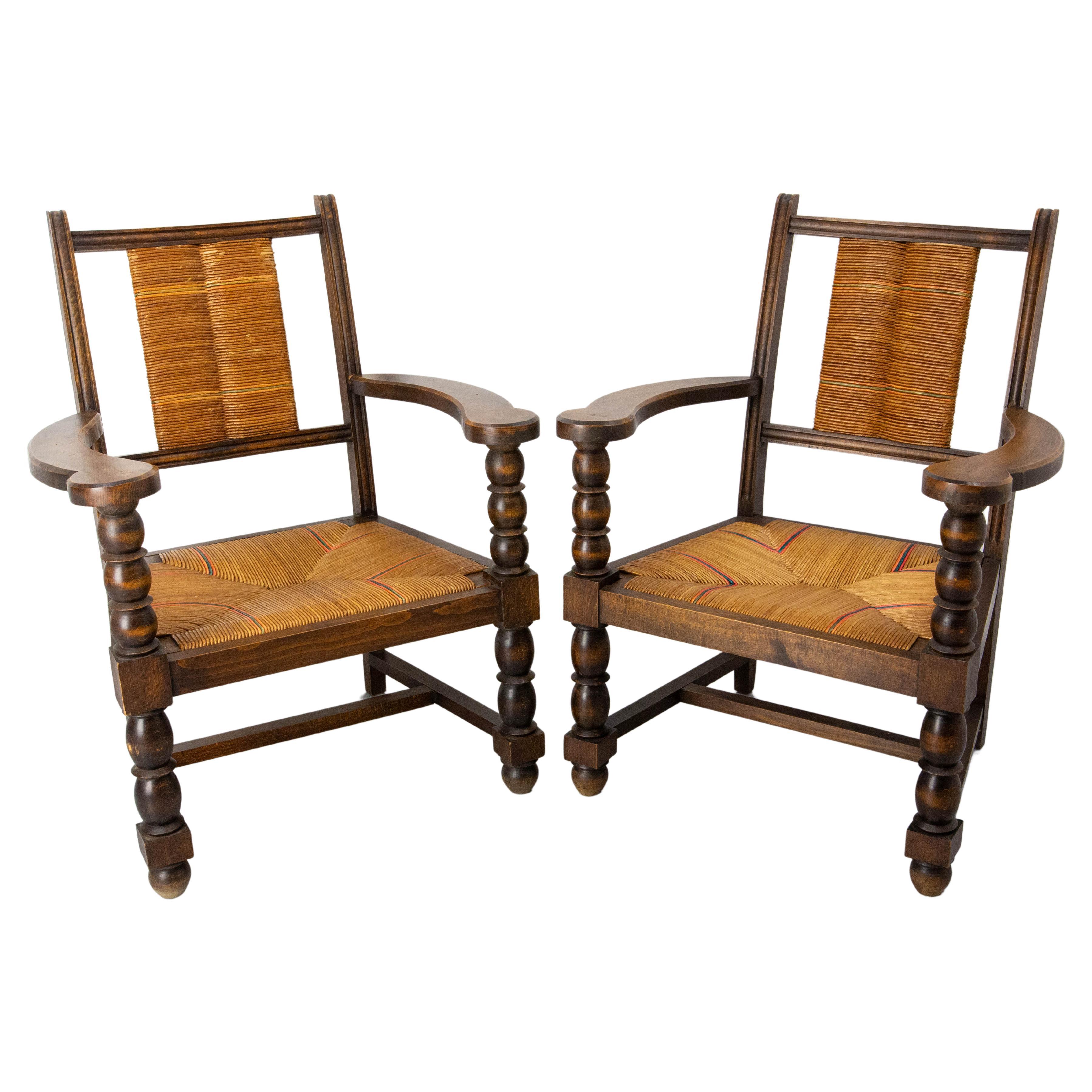 Pair of Mid-century Beech and Straw Armchairs Basque Spanish circa 1940