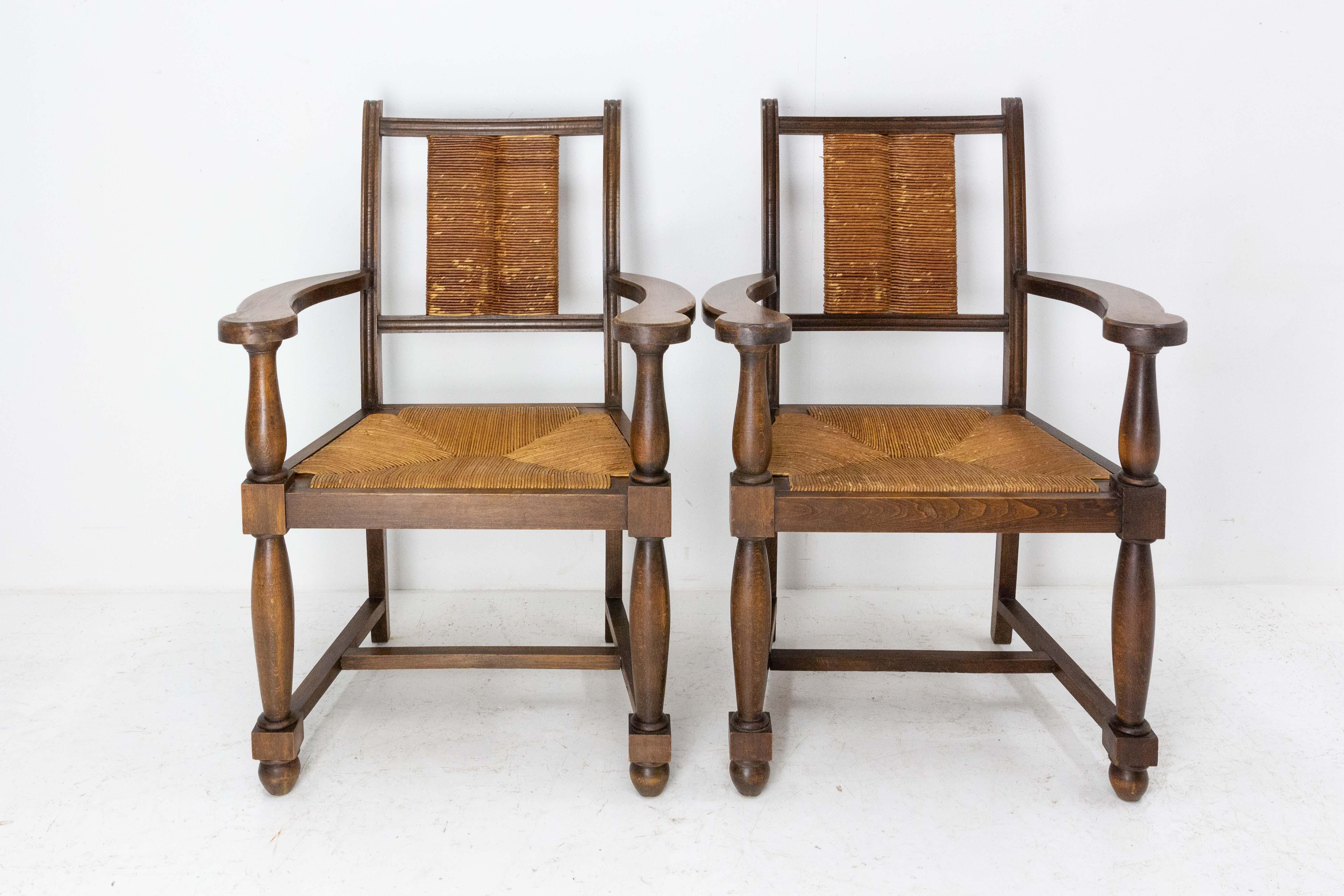 Mid-Century Modern Pair of Mid-century Beech and Straw Armchairs French circa 1940 For Sale
