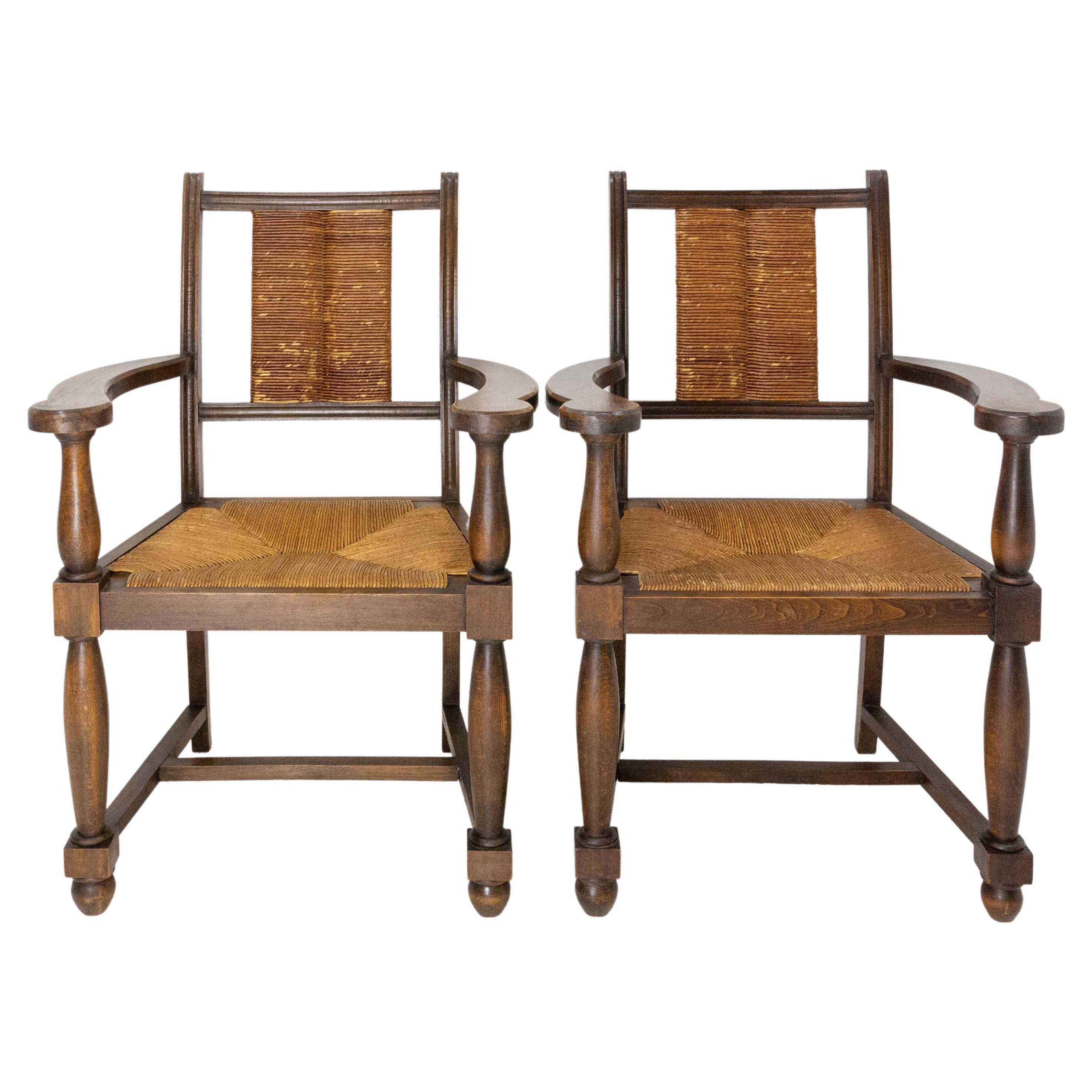Pair of Mid-century Beech and Straw Armchairs French circa 1940 For Sale
