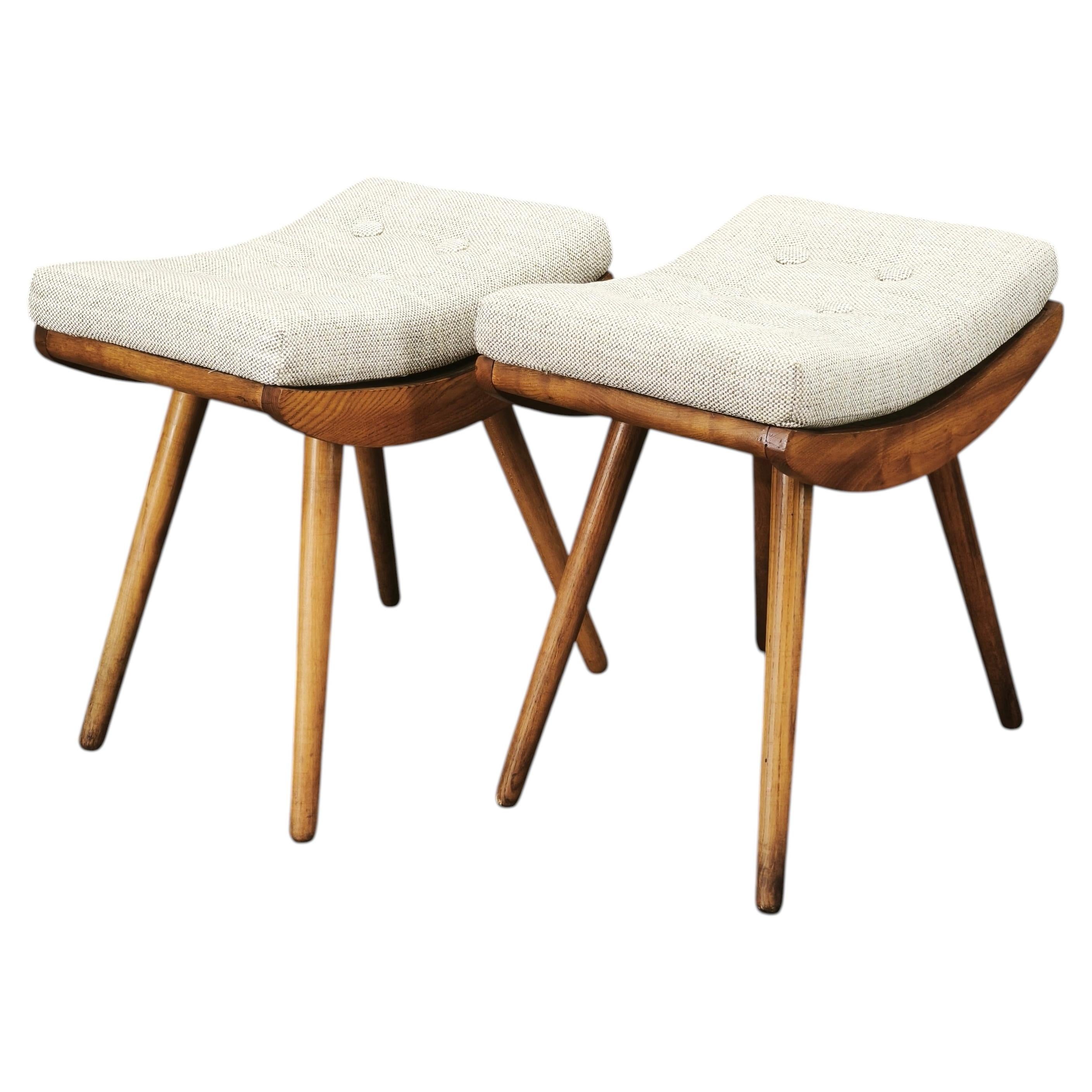 Pair of Mid-Century Beech Stools, Czechoslovakia, 1960s