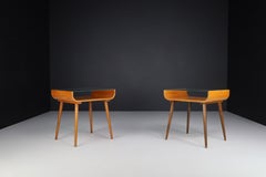Pair of Mid-Century Beechwood and Glass Side Tables, Prague, 1950s