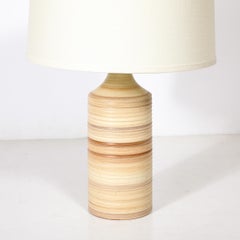 Pair of Mid-Century Beige Ceramic Table Lamps w/ Spun Grooved Detailing