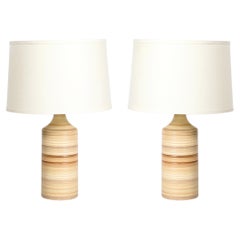 Pair of Mid-Century Beige Ceramic Table Lamps w/ Spun Grooved Detailing