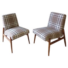 Pareja de sillones de tela a cuadros beige de mediados de siglo, Europa, años 60