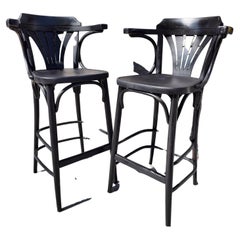 Pair of Mid Century Bentwood Thonet Style Bar Stools with Backs & Arms