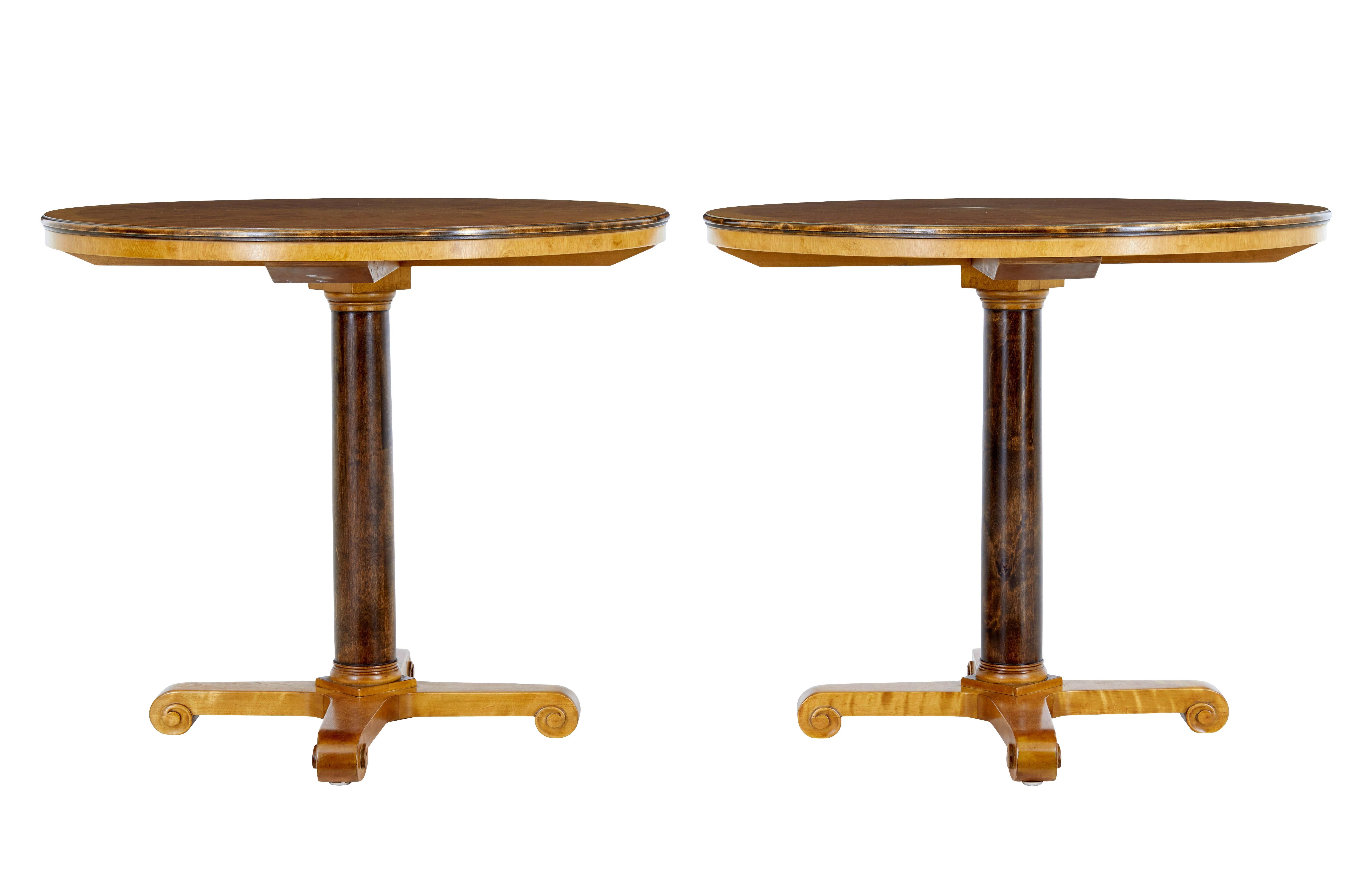 Pair of mid century birch tables by nordiska kompaniet circa 1940.

Superb quality pair of tables by well re-nowned swedish maker's and retailers a.B nordiska kompaniet.

Circular tops with quarter segment veneered top, cross banded with a darker