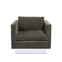 Pair of Mid-Century Biscuit Tufted Cube Chairs w/ Chrome Wrapped Base in Mohair