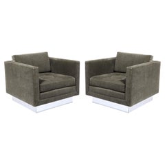 Pair of Mid-Century Biscuit Tufted Cube Chairs w/ Chrome Wrapped Base in Mohair