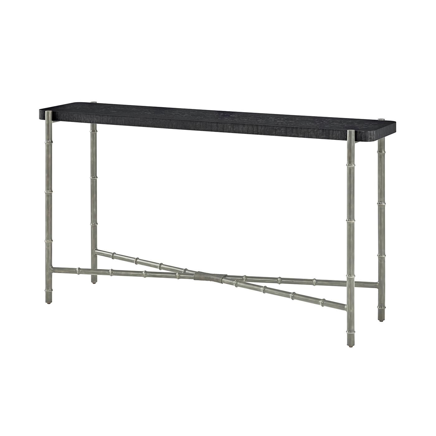 Vietnamese Pair of Mid Century Black Burl Top Console Tables For Sale