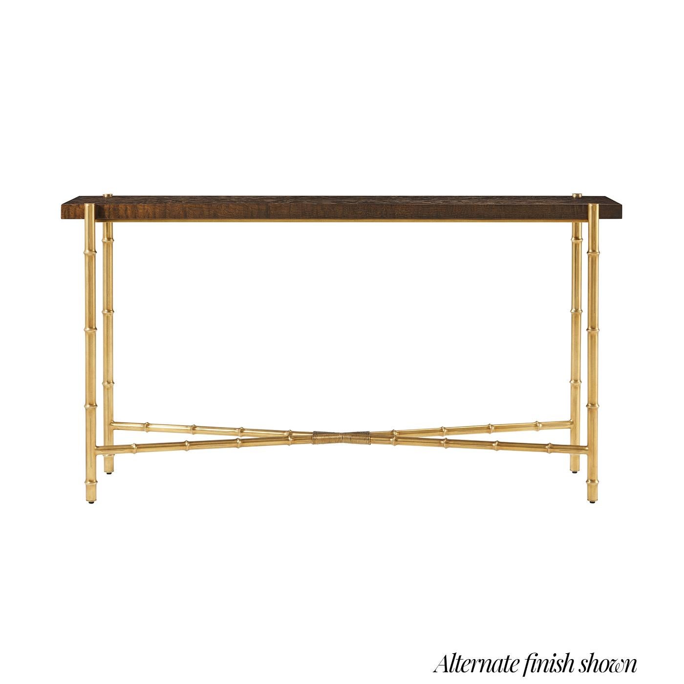 Brass Pair of Mid Century Black Burl Top Console Tables For Sale