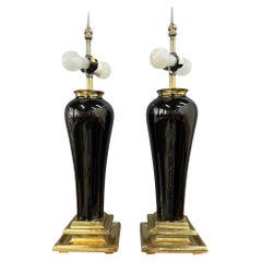 Pair of Mid-Century Black Ceramic Urn Lamps with Stepped Brass Bases by Chapman