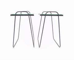 Pair of Midcentury Black Iron and Glass Patio Tables Side Tables